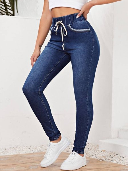 

Elastic Waist Slant Pocket Skinny Jeans, Blue, Jeans