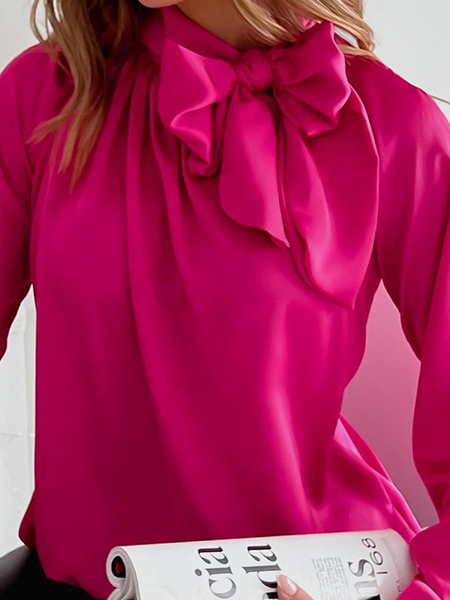 

Tie Neck Plain Elegant Work Shirt, Deep pink, Blouses and Shirts