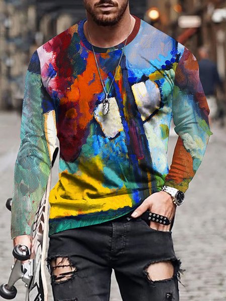 

3D Abstract Graphic Long Sleeve Casual Tee, T-shirt