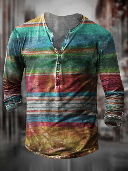 Men's Striped Pattern V-neck Long-sleeved Tee, Color2, T-shirt