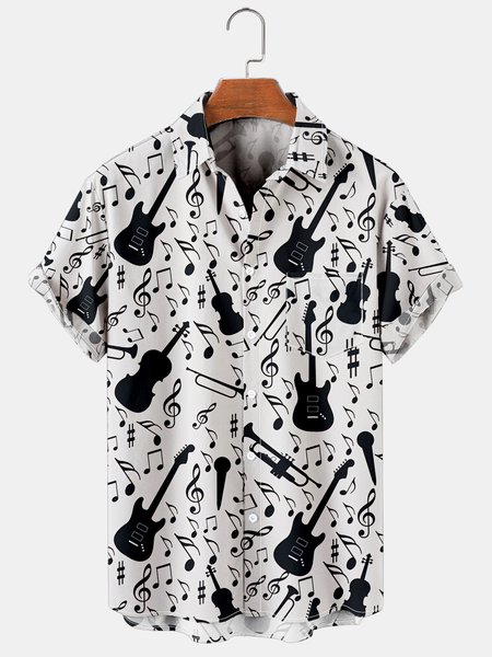 

Vacation Leisure Music Element Musical Note Guitar Pattern Hawaiian Style Printed Shirt Top, As picture, Men's Floral shirt