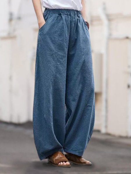 

Plus Size Loosen Plain Casual Daily Pants（accessory not included）, Blue, Pants