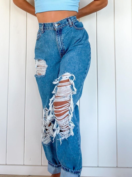 

Denim Plain Casual Pants, Bright blue, Jeans