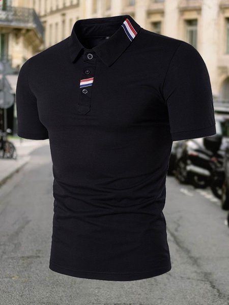 

Men's Webbing Embellished Short-Sleeved Lapel POLO Shirt, Black, polo