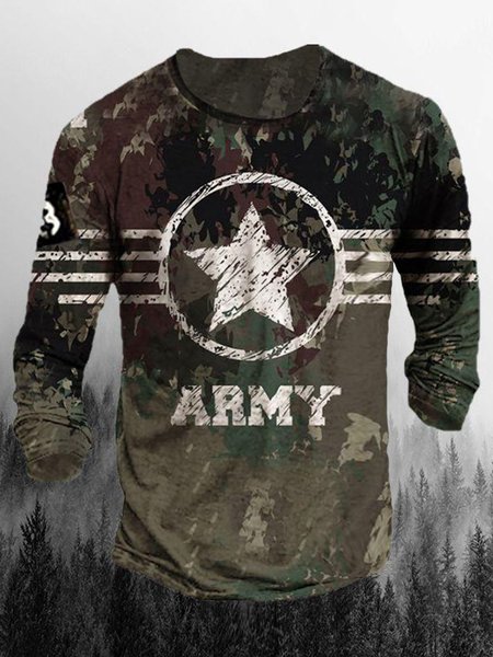 

Men's Retro Star Pattern Casual V-neck Long-sleeved Tee, T-shirt