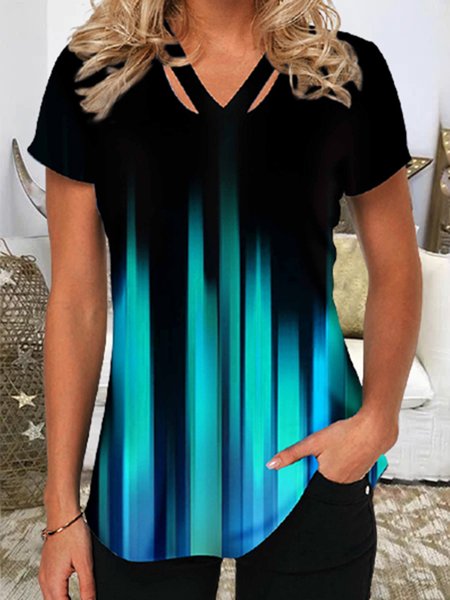 

V Neck Ombre Short Sleeve Casual Shirts & Tops, Black, T-Shirts