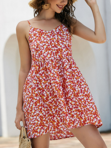 

V Neck Pastoral Loosen Dresses, Red, Floral Dresses