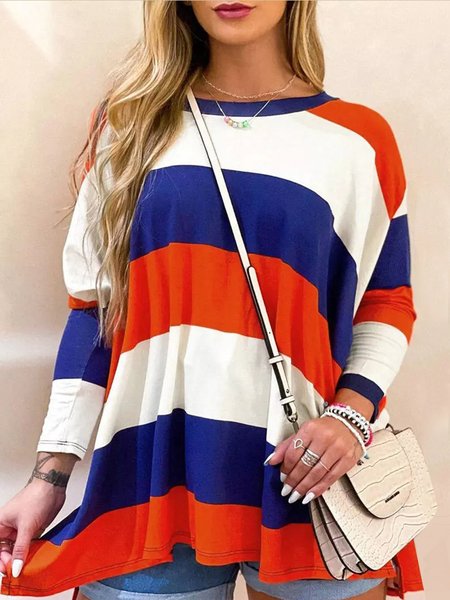 

Striped Casual Round Neck Loosen Shirts & Tops, Multicolor, Tunics