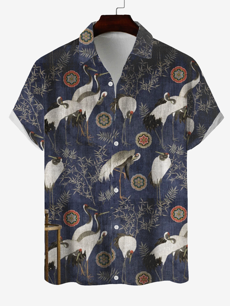 

Float World Draw Plants Cranes Cotton Eetro Casual Shirts, As picture, Men's Floral shirt