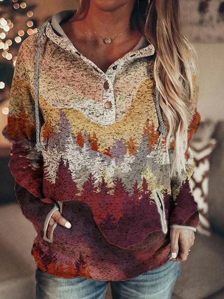 

Women's autumn and winter long mountain print casual pocket hooded Sweatshirt, Beige, Sweatshirts & Hoodies