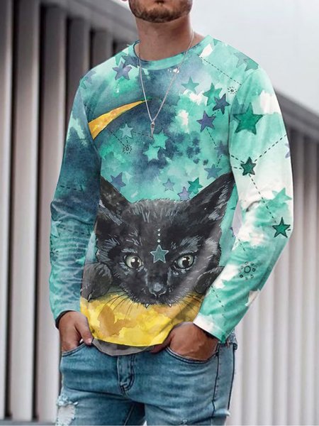

3D Black Cat Graphic Long Sleeve Casual Tee, T-shirt