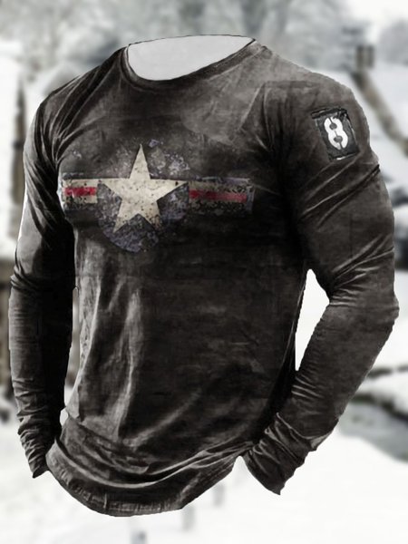 

Men's Retro Pattern Casual Round Neck Long-sleeved Tee, Color2, T-shirt