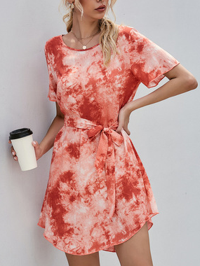 

Crew Neck Cotton Blends Vacation Dresses, Orange, Floral Dresses