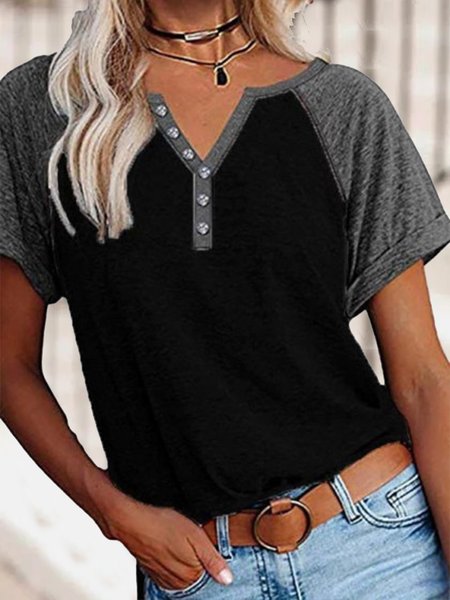 

Casual Color Block Buttoned Shirts & Tops, Black-grey, T-Shirts