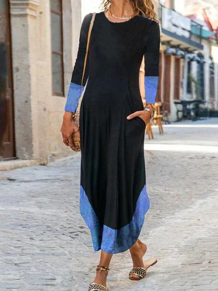 

Plus Size Casual Color Block Daily Dresses（accessory not included）, Black, Dresses