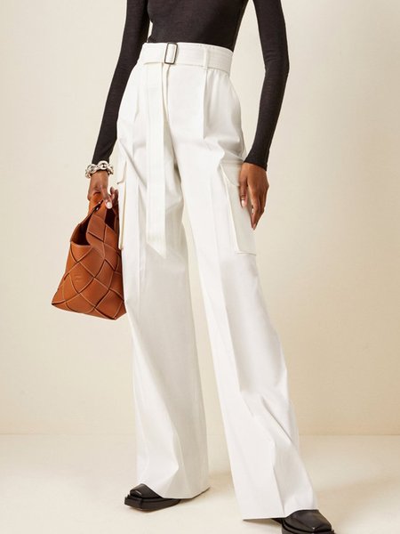 

Mid Waist Daily Casual Plain Pants, White, Straight Leg Pants