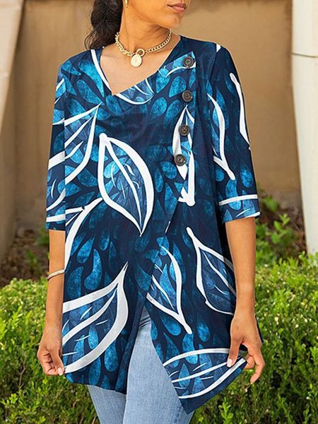 

Plus Size Casual Leaves Loosen Three Quarter Long sleeve tops, Blue, Tops