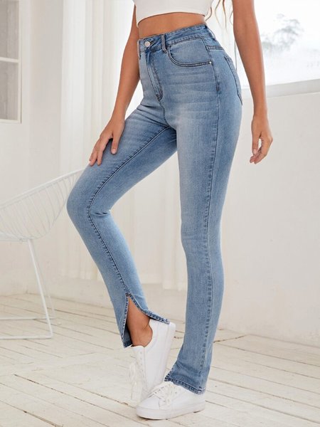 

High Waist Slit Hem Skinny Jeans, Blue, Jeans