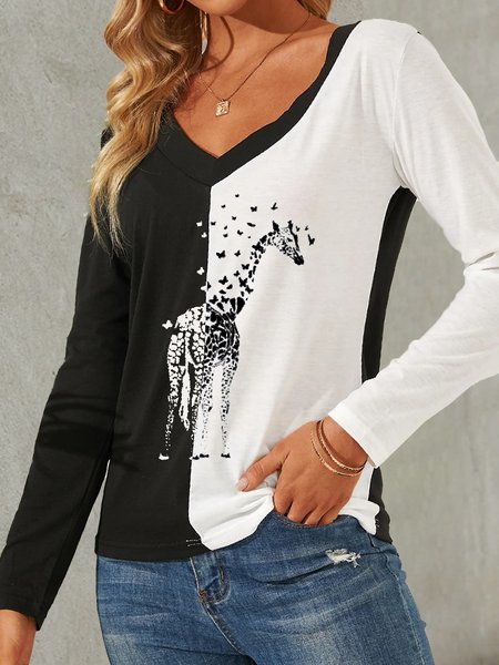 

Casual Loosen Animal Shirts & Tops, Black-white, T-Shirts
