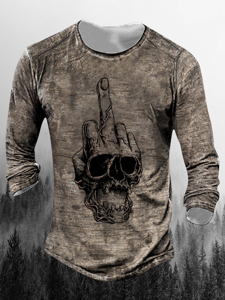 

Men's Skull Element Graphic Round Neck Long Sleeve Tee, Brown, T-shirt