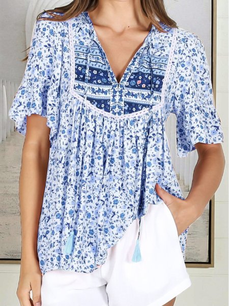 

Loosen V Neck Boho Sweatshirt, Blue, Tops