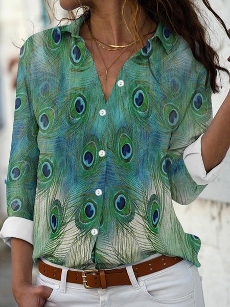 

Long sleeve shirt collar geometric gradient feather print button top shirt Plus Size, Green, Shirts & Blouses