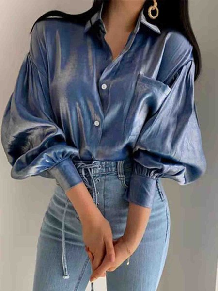 

Shirt Collar Regular Fit Solid Simple Shirt, Blue, Blouses and Shirts