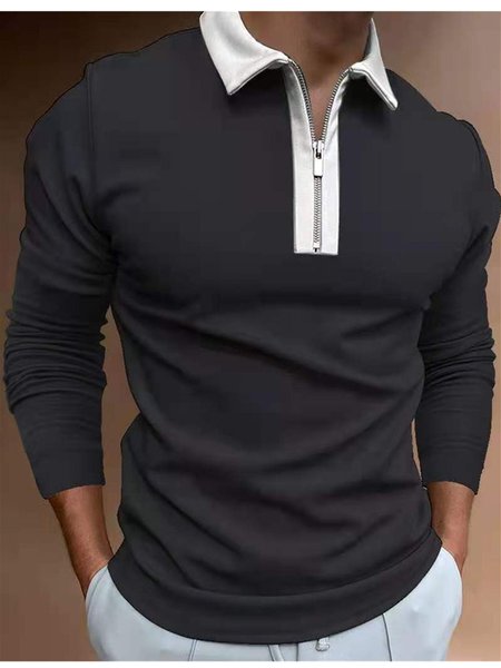 Casual fashion color block zipper polo shirt, Black, Men's Top