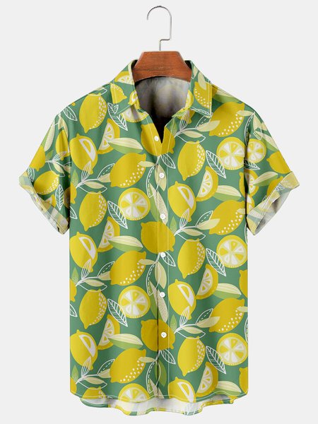 

Mens Tropical Lemon Print Casual Breathable Short Sleeve Hawaiian Shirts, Green, Men's Floral shirt