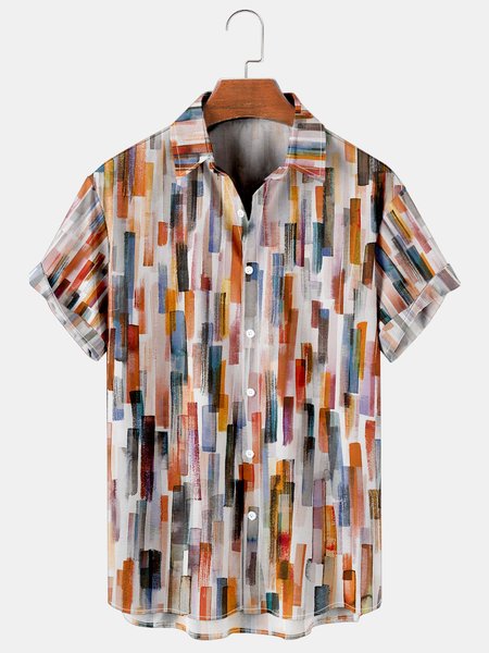 

Men's Art Painting Stripes Casual Breathable Short-sleeved Hawaiian Shirt, Brown, Men's Floral shirt