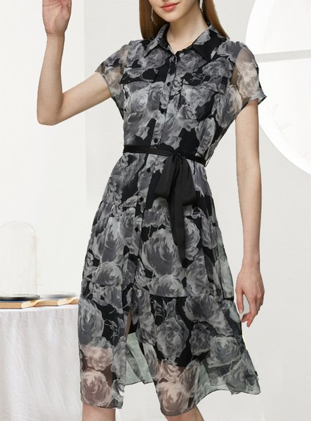 

Valentine's day short-sleeved long black and white rose flower dress, Black-white, Dresses