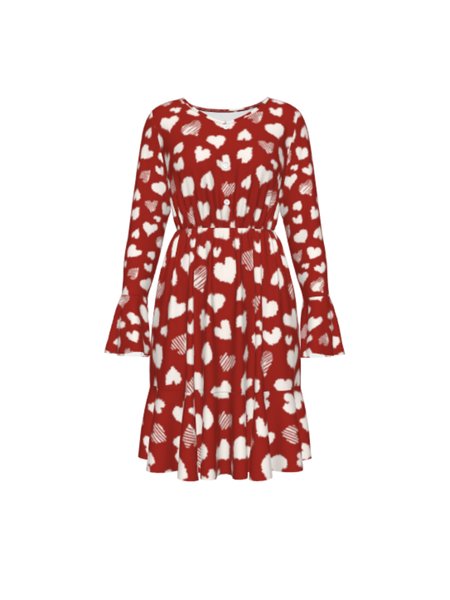 

Valentine's day peach heart pattern long-sleeved A-line dress, Red, Dresses