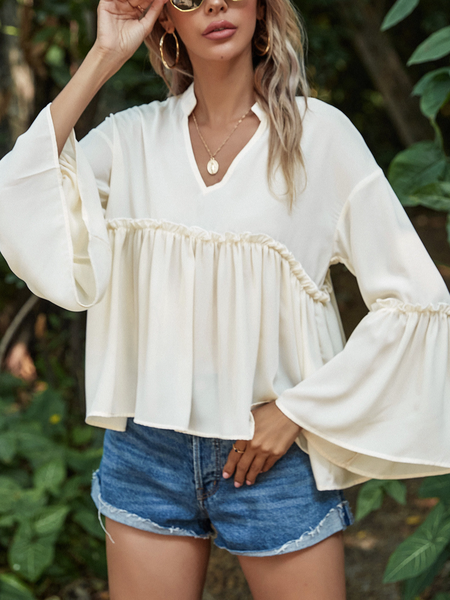 

Loosen Chiffon V Neck Shirts & Tops, Beige, Blouses & Shirts