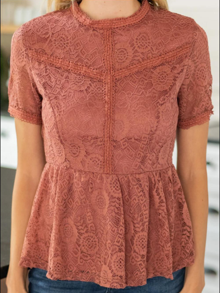 

Casual Lace Crew Neck Tops, Pink, Tops