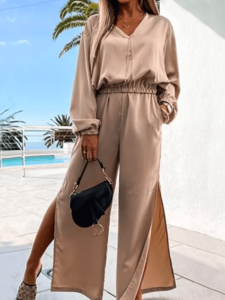 

Spring V neck Simple Loosen Top With Pants Daily Household Suits, Khaki, Pants Set