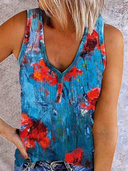 

Floral print casual vest Loosen V Neck Casual Vests, Blue, Tanks & Camis
