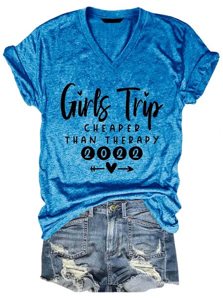 

Trip 2022 Therapy Casual V Neck Shirts & Tops, Blue, T-shirts