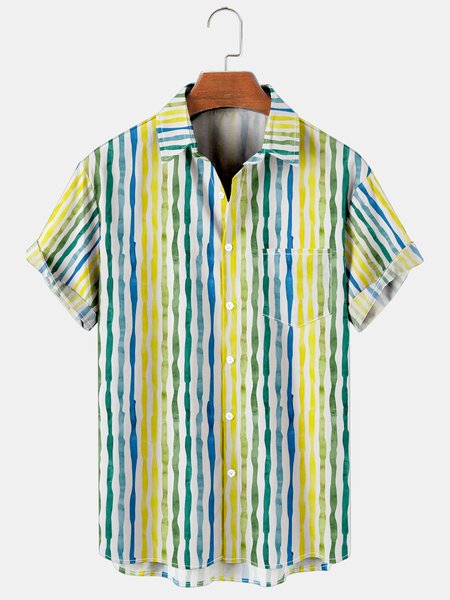 

Vacation Leisure Gradient Striped Geometric Pattern Hawaiian Style Printed Shirt Top, Multicolor, Men's Floral shirt
