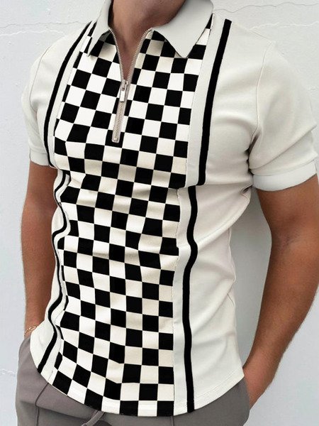 

White With Black Plate Plaid Polo Shirt, As picture, Men's t-shirts