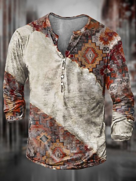 

Men's folklore pattern casual V-neck long-sleeved Tee, Color1, T-shirt