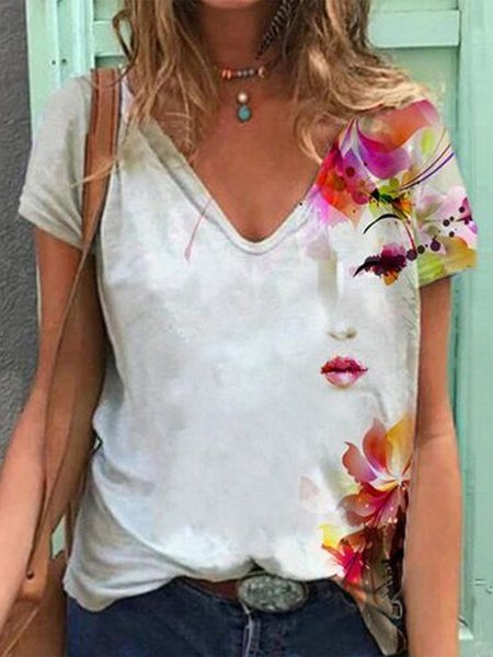 

Floral Cotton Blends Casual T-shirt, White, T-Shirts