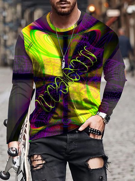 

3D Retro Abstract Graphic Long Sleeve Casual Tee, T-shirt