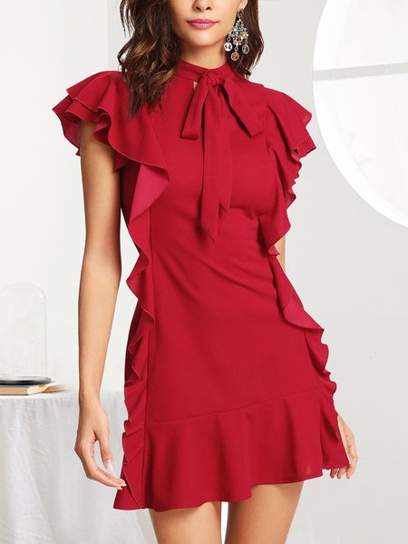

Ladies' collar tie short sleeves pleated hem Cocktail party dress, Red, Formal Dresses