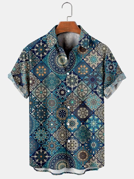 

Vacation Leisure Ethnic Pattern Hawaiian Style Printed Shirt Top, As picture, Men's Floral shirt