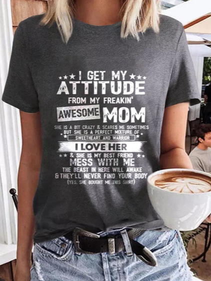 

I Get A Awesome Mom Print Crew Neck Casual Cotton Blends T-shirt, Gray, Tees & T-shirts