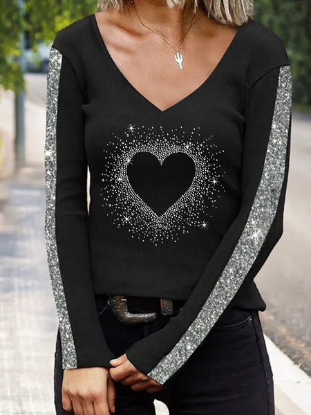 

Long sleeve V-neck patterned collage Sequin webbing Design Love Rhinestone top T-shirt Plus Size, Black, Long sleeve tops