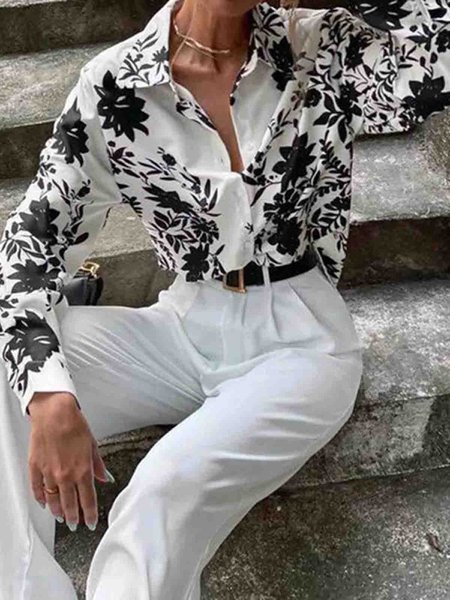 

Floral Shirt Collar Elegant Regular Fit Shirt, Black-white, Blouses and Shirts