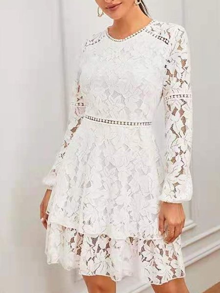 

Cute Regular Fit Crew Neck Mini Dress, White, Mini Dresses