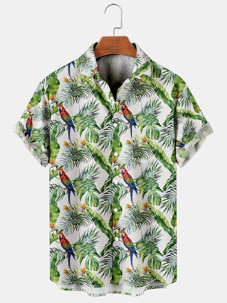 

Vacation Leisure Parrot And Palm Leaf Pattern Hawaiian Style Printed Shirt Top, Green, Shirts ＆ Blouse