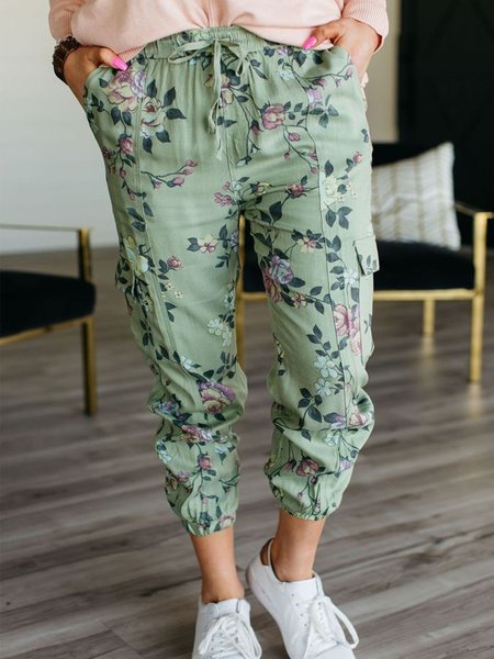 

Floral Printed Pockets Draw String Plus Size Casual Women Pants, Green, Sport Pants